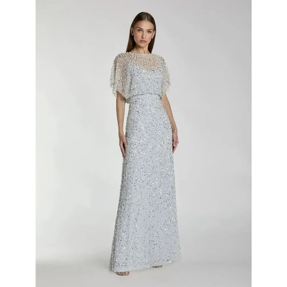 NWT Mac Duggal 14523 Blue High Neck Short Sleeve Embellished Gown Suze 4